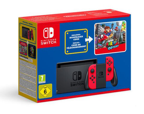 Pack Nintendo Switch (rouge) + Super Mario Odyssey (code tél) + autocollants