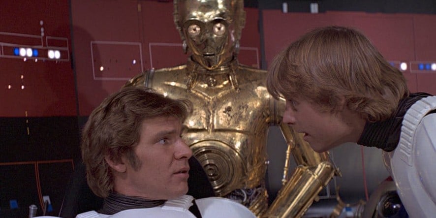 C3PO, Luke et Han Solo dans Star Wars : Un Nouvel Espoir